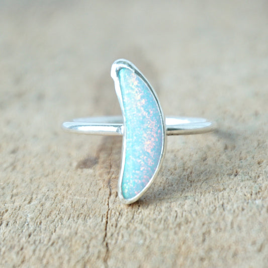 Size 8 1/2 White Sterling Opal Crescent Moon Stacking Ring - Cultured Opal Ring, Cultured Opal Jewelry, Stacking Jewelry, Stacker Ring