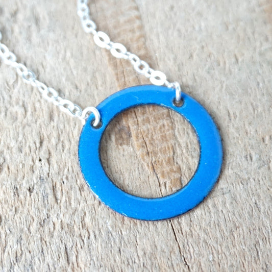 Cobalt Blue Enamel Circle Pendant - Enamel Necklace, Enamel Jewelry, Circle Necklace, Circle Jewelry, Infinity Necklace, Karma Necklace